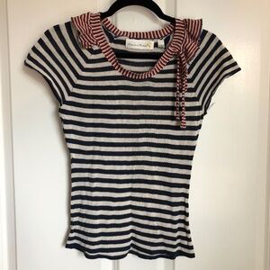 Anthropologie Stripe Shirt Navy White Orange Ruffle Collar